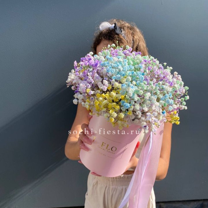 Радужные гипсофилы в шляпной коробке в Новороссийске