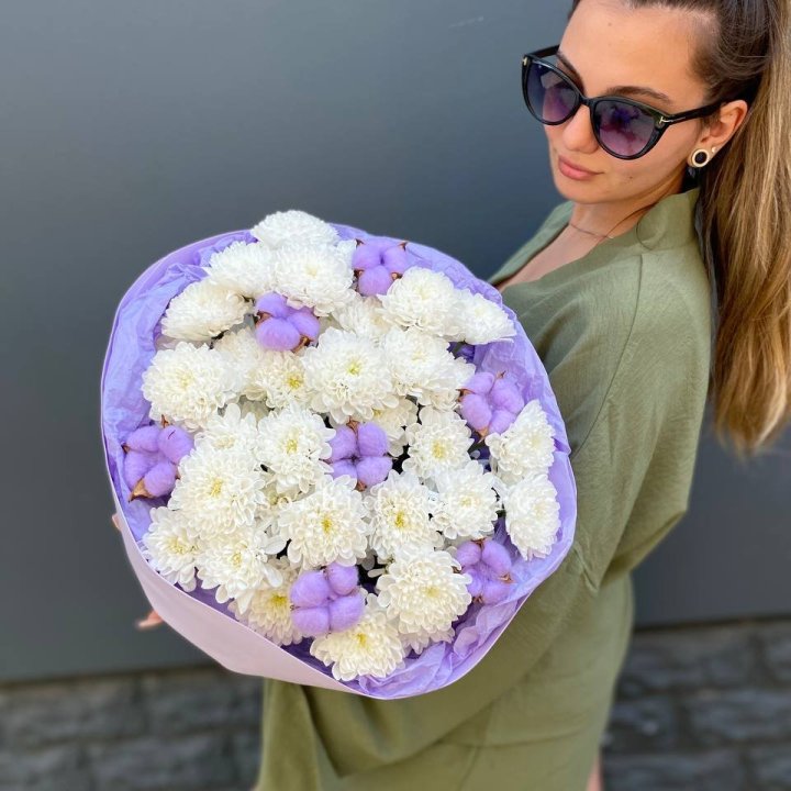  Букет  хризантем и хлопка в Новороссийске